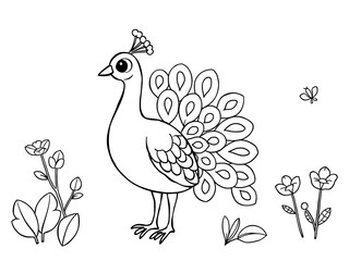 Fototapeta premium Adorable Hand-Drawn Peacock Illustration: Springtime Garden Scene. AI Generated