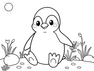 Obraz premium Adorable Penguin Chick Coloring Page: Sunny Day in Antarctica. AI Generated