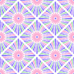 Seamless boho inspired pattern with vibrant floral sunburst designs arranged in a diamond layout.