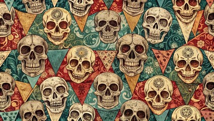 Vintage Style Skull Flag Doodle Pattern Background for Unique Textiles and Creative Designs Featuring Intricate Details and Edgy Aesthetic Elements Perfect for Various Applications
