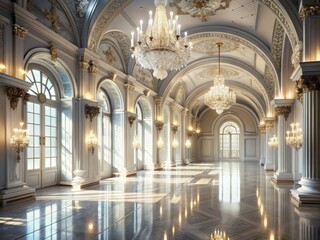 Fototapeta premium Luxurious Empty Hall Interior with Glittering Ornaments and Arched Windows in Clean White Tones, Capturing the Elegance of a Church or Palace Setting