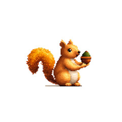 Squirrel collecting acorns woodland path pixel art natural habitat front view wildlife preservation