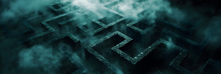 Dark labyrinth, gloomy path to nowhere, horizontal banner copyspace