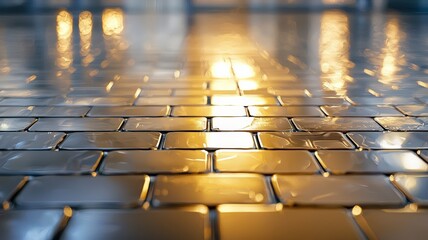 Obraz premium material science ceramics concept. A reflective tiled floor with warm lighting creates a serene and inviting atmosphere.