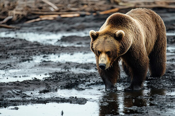 Fototapeta premium A bear foraging near a polluted river, with oil slicks on the water surface