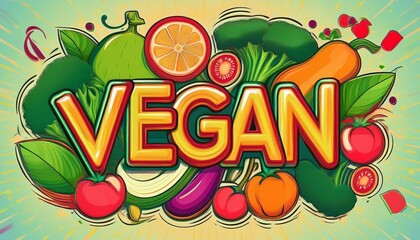 Fresh and vibrant Vegan lettering text with fruit and vegetables Pop Art style design background