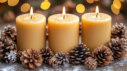 Three burning candles in a pine cone wreath.