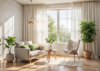 Fototapeta premium Minimalistic Summer Room Bathed in Sunlight: A Serene Space for Relaxation and Reflection in a Bright, Airy Atmosphere