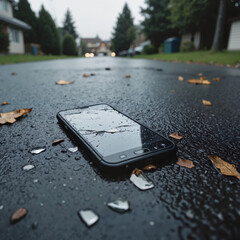 Shattered Smartphone in Melancholic Rain Against Urban Backdrop