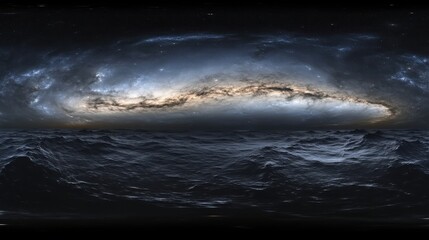Cosmic panorama, vast swirling galaxy above turbulent ocean.