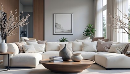 Fototapeta premium Modern living room interior with sofa wooden table and antique jars