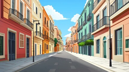 Obraz premium A Colorful Street Scene with Balconies and Lampposts