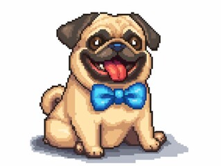 Fototapeta premium Pixel Pug in Bow Tie: An adorable pixel art pug, sporting a light blue bow tie, sits cheerfully, capturing the playful spirit of digital pet art. 