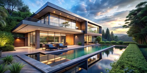 Obraz premium Modern Luxury Home with Infinity Pool and Panoramic Views of Lush Greenery, Showcasing Architectural Elegance and Contemporary Design Features in a Serene Environment
