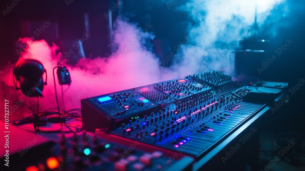 Poster a vibrant music studio with synthesizers and fog effects.