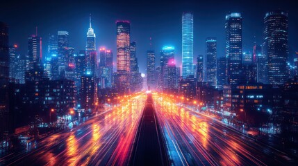 Fototapeta premium Night cityscape with vibrant lights and highway.