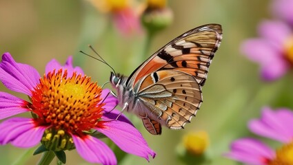 Obraz premium Colorful butterfly perched on a vibrant pink flower in nature.