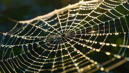 Fototapeta premium Delicate spider web adorned with glistening dew drops in natural light.