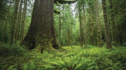 Obraz premium A large tree is located in the middle of a green forest. A view of natural beauty background wallpaper AI generated image