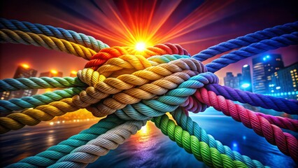 Nighttime Unity: A Colorful Representation of Team Strength and Diversity in Rope Connections Symbolizing Partnership, Cooperation, and Empowerment Through Teamwork