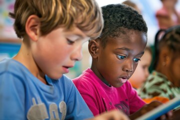 Classroom Tech. Young Male Children Using Tablet for Education in Natural Classroom Setting