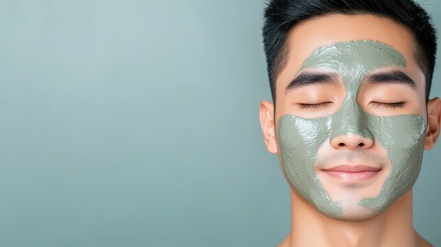 A young man with blue clay face mask on his face, eyes closed, against a teal background, reflecting relaxation and skincare. - Powered by Adobe
