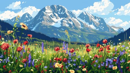 Fototapeta premium Alpine Meadow with Majestic Peaks: A vibrant meadow ablaze with wildflowers stretches towards towering snow-capped mountains under a brilliant blue sky.