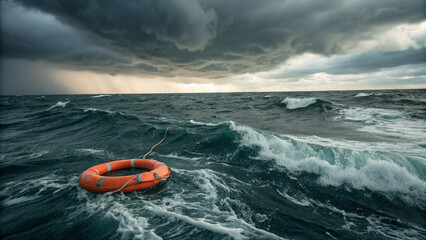 Orange life buoy floating on rough ocean waves under stormy cloudy sky
