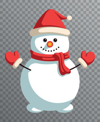 Smiling snowman in a Santa Claus hat and mittens on a transparent background. Symbol of New Year and Christmas. Vector flat illustration