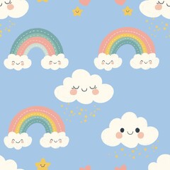 Playful seamless pattern of pastel rainbows, smiling clouds, and cute stars on a light blue background, perfect for kids’ designs and cheerful decorations.