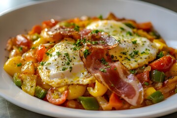 A vibrant Basque piperade of sautéed peppers, onions, and tomatoes mixed with eggs, topped with parsley and sliced ham for a rustic, hearty dish