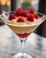 A refreshing dessert featuring creamy custard topped with fresh raspberries in a stylish martini glass.