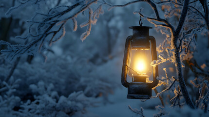Glowing Lantern in Frosty Winter Landscape