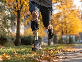 Obraz premium Osoba z protezą nogi uprawiająca jogging w parku