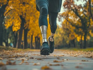 Obraz premium Osoba z protezą nogi uprawiająca jogging w parku