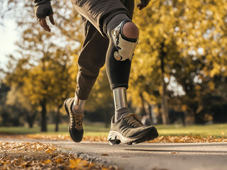 Osoba z protezą nogi uprawiająca jogging w parku