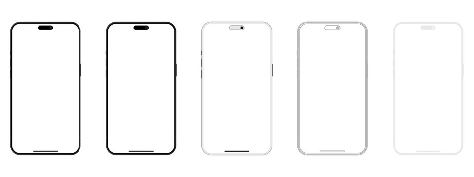 iPhone 15 Design Variations in Black and White Outline Styles Modern Smartphone Frame Templates. 