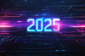 A high-tech futuristic design featuring glowing neon lines in blue and purple shades with the text '2025' in metallic typography at the center. Perfect for modern and tech-themed projects