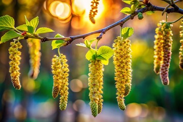 Obraz premium Young Black Alder Tree in Full Bloom with Delicate Flowers Captured from the Front View, Showcasing Nature's Beauty and Architectural Elegance in a Serene Environment