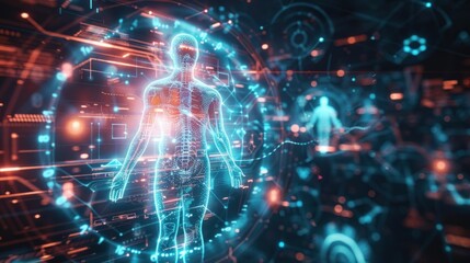 Obraz premium futuristic human anatomy, holographic representation, digital interface, technology, science, health visualization