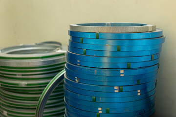 Cylindrical steel coils in the factory