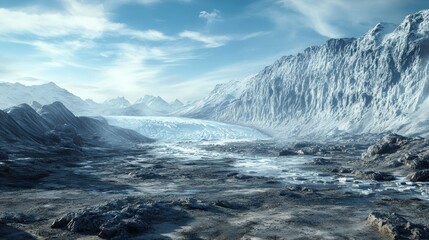 Massive glaciers recede amid arctic landscape The exposed rocky terrain is wet with melting ice background wallpaper AI generated image