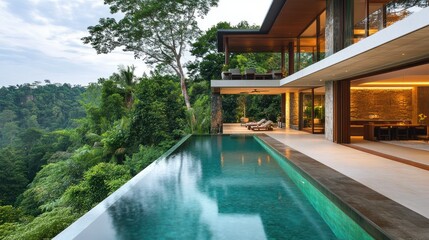 Fototapeta premium Minimalist luxury house with swimming pool overlooking a beautiful green forest background wallpaper AI generated image