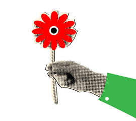  Male hand with flower in retro halftone collage style,cut out from magazine 