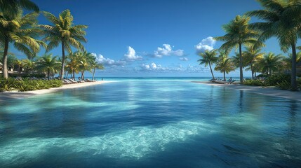 Fototapeta premium Tranquil lagoon with crystal clear water, lush palm trees, and white sand beach.