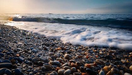 Obraz premium Close view of smooth pebbles as gentle waves wash over them at a serene beach during sunset