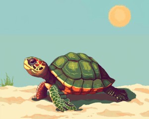 Sunny Seaside Turtle: A vibrant illustration of a turtle enjoying a sunny day on the beach. Perfect for children's books, nature-themed projects, or adding a touch of whimsy to your designs. 