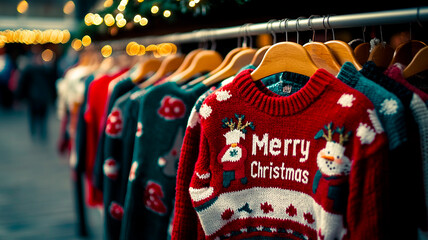 A collection of colorful Christmas sweaters with various designs, including reindeer and snowmen motifs, displayed on hangers in an outdoor market setting. The sweater that reads "Merry Christmas"  