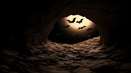 Dark cave tunnel with bats.