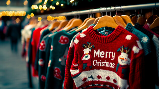 A collection of colorful Christmas sweaters with various designs, including reindeer and snowmen motifs, displayed on hangers in an outdoor market setting. The sweater that reads "Merry Christmas"  